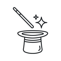 Line style, hat and magic stick wand icon. Magician or illusionist equipment for trick effect in fantasy entertainment performance. Outline Vector illustration. Design on white background. EPS 10