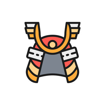 recommend clip art: Samurai helmet, japanese warrior mask flat color line icon.