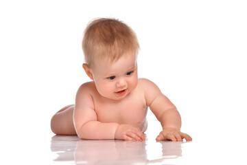 Enthusiastic smiling toddler boy crawling on all fours on white background