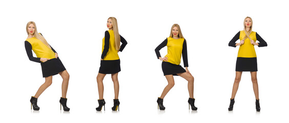 Blond hair girl in yellow and black clothing isolated on white