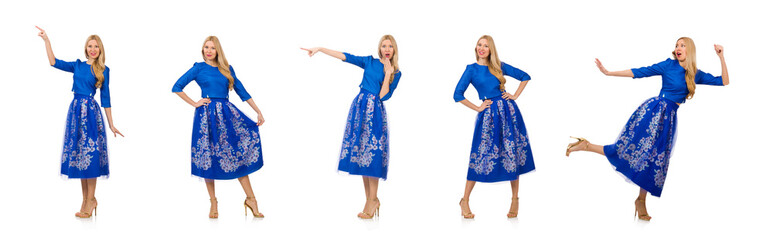 Woman in blue dress with flower prints isolated on white