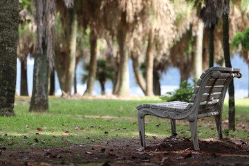 海の近くの白いベンチ椅子
White bench chair near the sea.