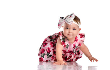 Beautiful baby girl crawling on white studio floor