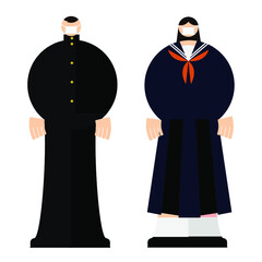 イラスト/グラフィック素材:マスクをつけた冬服の学ランとセーラー服姿の学生　男女セット