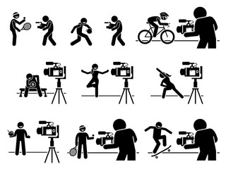 Fototapeta na wymiar Social media sports, diet, and fitness influencers Internet video content creator pictogram. Vector illustrations of man and woman creating video by teaching sports, gym workout, and healthy eating.