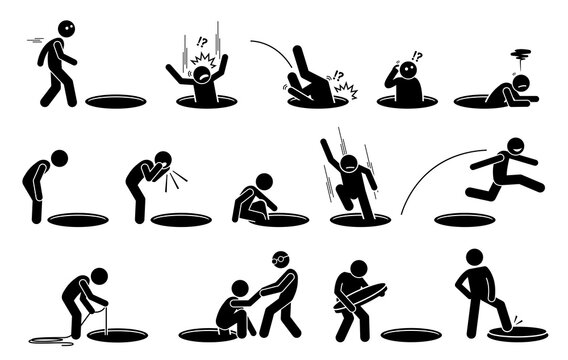 Stick figure man and a hole on the floor. Vector illustrations of a person fall into, climbing out, look into, go inside, jump over, and cover a hole on the ground.