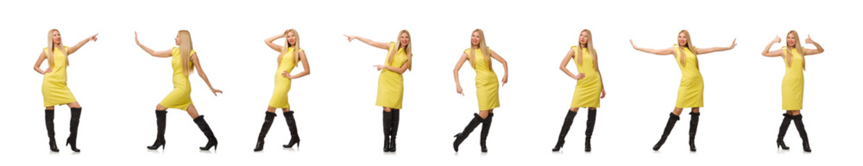 Pretty fair girl in yellow dress isolated on white