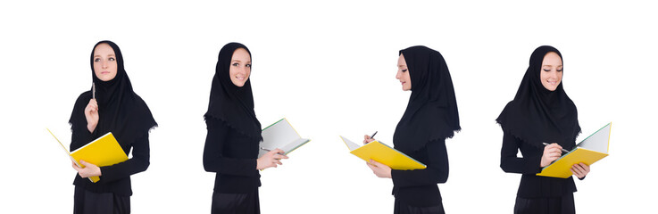 Young muslim student with books on white