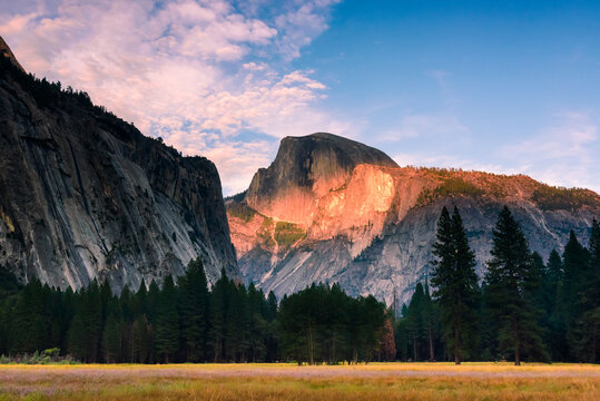 Yosemite half dome from the valley at sunset