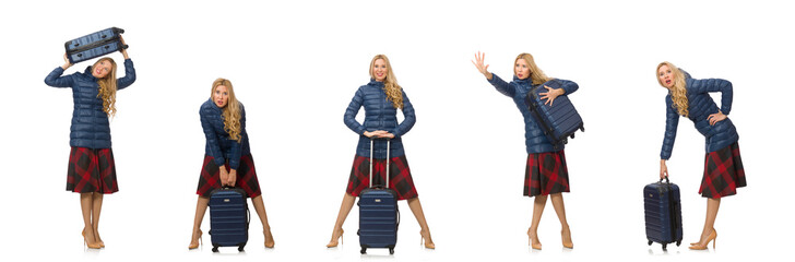 Fototapeta premium Pretty female model in blue jacket isolated on white