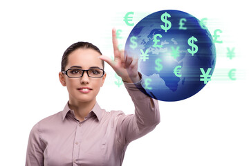 Global money transfer and exchange concept with businesswoman