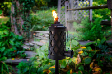 Lit tiki torch at picnic