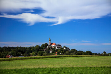 Fototapeta na wymiar Andechs Monastery in autumn, part of the Benedictine Abbey of Sankt Bonifaz in Munich and Andechs, Diocese of Augsburg, Bavaria, Germany