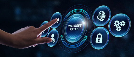 Businessman presses button  interest rates on virtual screens. Business, Technology, Internet and...