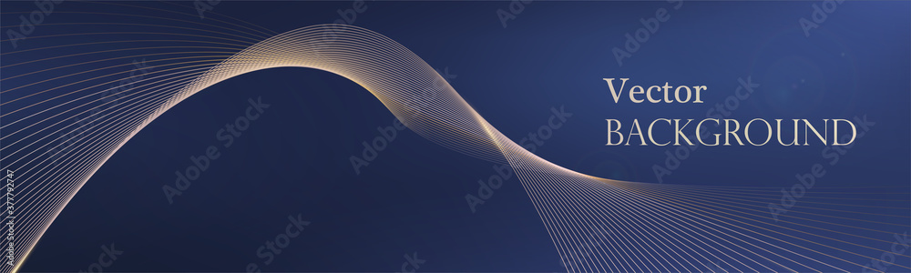 Poster amplitude abstract golden wave on blue background. luxury abstract background with gold light lines.