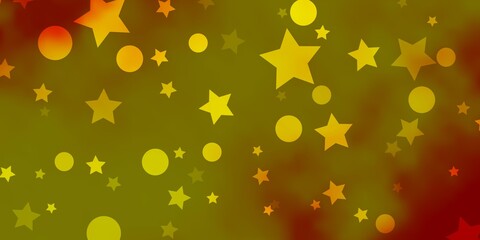 Light Orange vector background with circles, stars. Glitter abstract illustration with colorful drops, stars. Design for wallpaper, fabric makers.