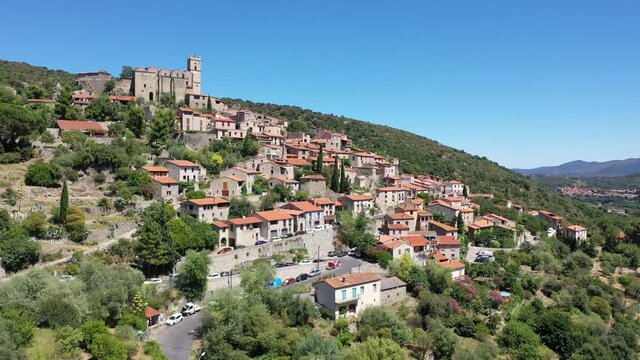 Panoramic view from above on the city Eus. Small town located on high mountain. Eastern Pyrenees. France. High quality 4k footage