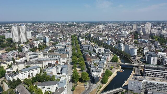 Panoramic view of Rennes city with modern apartment buildings , administrative center of Brittany region, France. High quality 4k footage