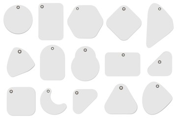 Blank label. Realistic blank price label mockup template icon set isolated on white. Vector empty tag or docket different shape and form with hole illustration. Merchandise promotion material
