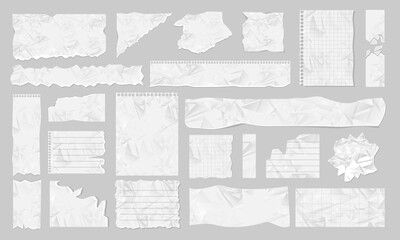 Paper scrap. Blank ripped paper, torn page piece and scrapbook note paper piece, stripe isolated icon set. Vector texture page, textured memo sheet or notepad shred, crumpled scrap illustration - obrazy, fototapety, plakaty