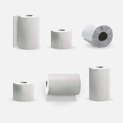 Roll paper mockup. Toilet and kitchen towel pack template illustration. Realistic napkin roll tube mockup vector isolated icon set on white background. Hygiene tissue package collection