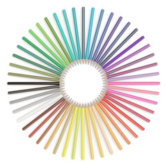 Set of colored pencils arranged in a circle on white background. 3d illustration.