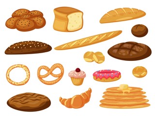 Vector bread. Fresh baked bread and pancakes, buns pastry vector icon isolated set on white. Bakery product assortment different type and taste illustration. Baking foodstuff collection
