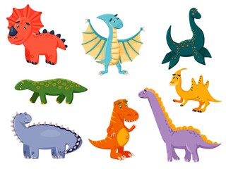 Grappige dinosaurus. Kawai monster collectie. Kleurrijke dinosaurussen cartoon karakter illustratie. Prehistorische schattige dino verschillende soort. Grappig dier uit het Jura-tijdperk vector icon set geïsoleerd op wit