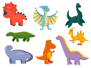 Glasschilderij Dinosaurussen Grappige dinosaurus. Kawai monster collectie. Kleurrijke dinosaurussen cartoon karakter illustratie. Prehistorische schattige dino verschillende soort. Grappig dier uit het Jura-tijdperk vector icon set geïsoleerd op wit