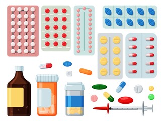 Pharmaceutical pill. Vector pharmaceutical pill, drug, liquid medicine, vitamin and medical or nutrition supplement illustration. Antibiotics, painkiller, antiviral in blister, plastic bottle, syringe