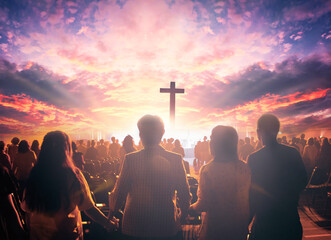 Worship concept:  christian people hand in hand over  cross on spiritual sky background - obrazy, fototapety, plakaty