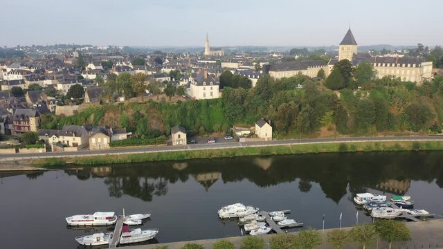 Panoramic view from above on the city Chateau-Gontier and Mayenne river. France