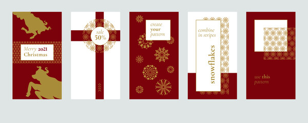 set of Christmas social media templates in classic red and gold color with snowflake pattern