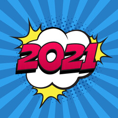 Retro comic speech bubble with colorful halftone shadow on green stripes pattern. Number 2021 text for New Year. Vector illustration, vintage design, pop art style.