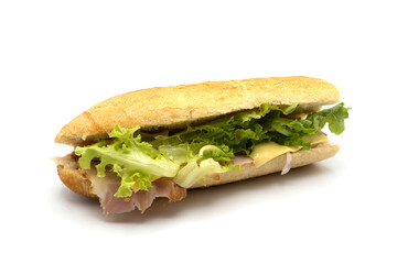 Isolated Half baguette with ham cheese and salad on white background. Home made.