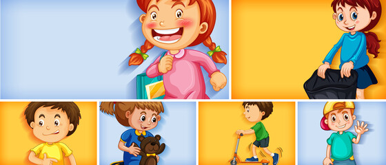 Fototapeta premium Set of different kid characters on different color background