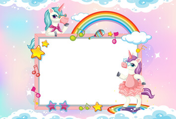 Blank banner with cute unicorn in the pastel sky background