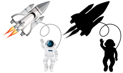 Set of astronaut characters and its silhouette on white background