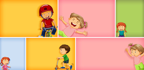 Set of different kid characters on different color background