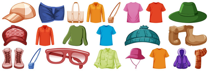 Set of fashion outfits and accessories on white background