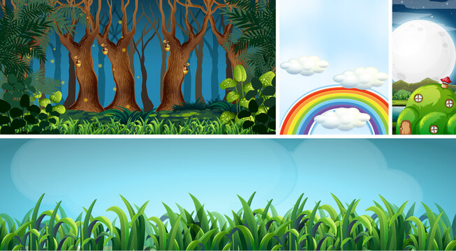 Six different scene of fantasy world with fantasy places such as night forest and blank sky with rainbow and ant nest