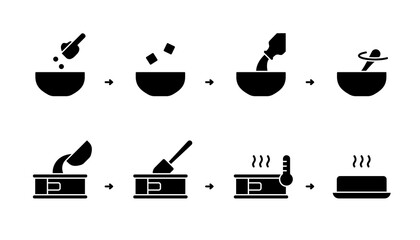 Silhouette instruction of Baking mix. Steps for cooking homemade biscuit, muffin, bread. Dry powder, butter, milk, bowl, cake pan, spatula, oven. Outline icons set. Black flat vector illustration