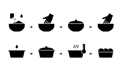 Homebaked bread, silhouette instruction. Baking process with kneading dough, second rise. Dry instant yeast, flour, oil, water, bowl, cake pan, hand. Outline icon. Black flat vector illustration