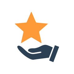 Hand holds star on palm colored icon. Charity, add to favorites, customer review, rating symbol