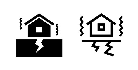 地震のアイコンのセット／イラスト／ひび割れ／被害／災害／割れる／揺れ／家／ビル／建物／