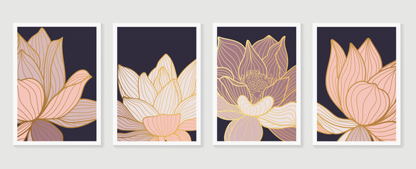 Luxury Lotus line arts cover design template. Hand draw gold lotus flower and leaves. Design for packaging design, social media post, cover, banner, Wall arts.  vector illustration.
