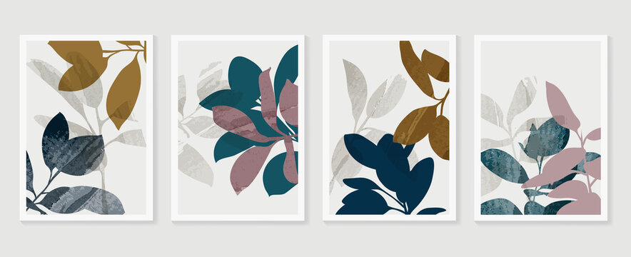 Botanical wall art vector set. Foliage line art drawing with  abstract shape.  Abstract Plant Art design for print, cover, wallpaper, Minimal and  natural wall art. Vector illustration.