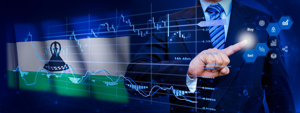 Businessman touching data analytics process system with KPI financial charts, dashboard of stock and marketing on virtual interface. With Lesotho flag in background. - Powered by Adobe