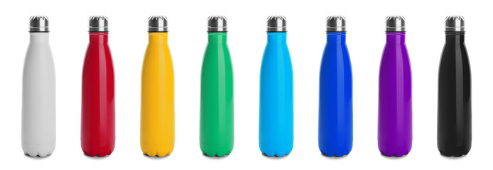 Colorful bottles on white background
