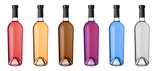 Bottles of different drinks on white background